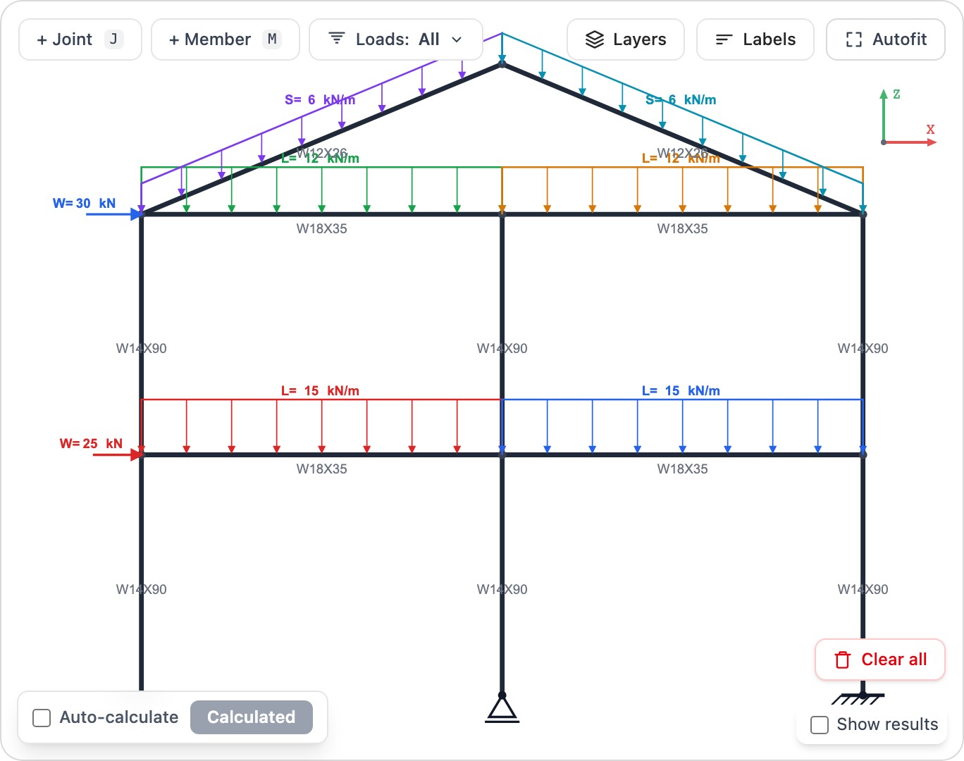 Online 2D Frame Analysis Calculator screenshot