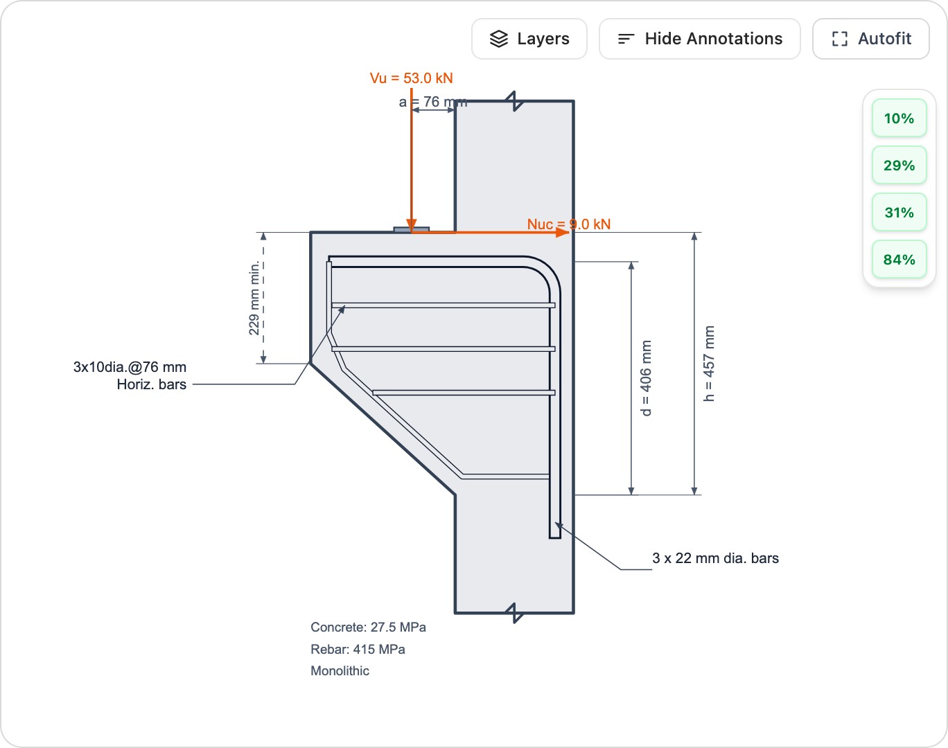 RC Corbel & Bracket Design Calculator (ACI 318-19) screenshot